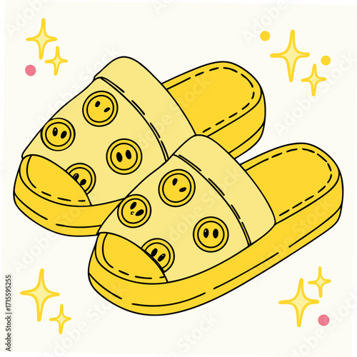 Vector art of a pair of yellow slippers adorned with smiley faces and sparkling stars, offering a cheerful and stylish way to relax at home