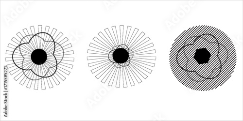 Starburst ray lines round set. Editable stroke vector design pack of geometric elements isolated on transparent background.
