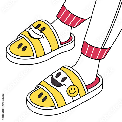 Vector art of a trendy pair of cartoon slippers, , adorned with smiley faces, worn with striped socks, exuding a sense of modern style and playful comfort in a relaxed setting