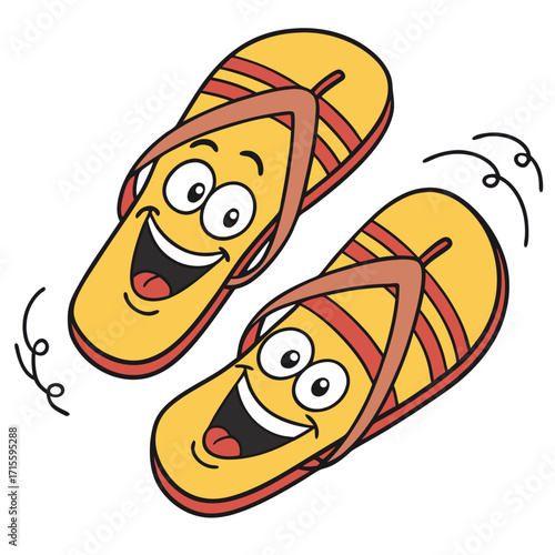 Vector art of a playful pair of cartoon flipflops, , radiating joy with their big smiles and vibrant colors, perfectly capturing the essence of summer fun and carefree days