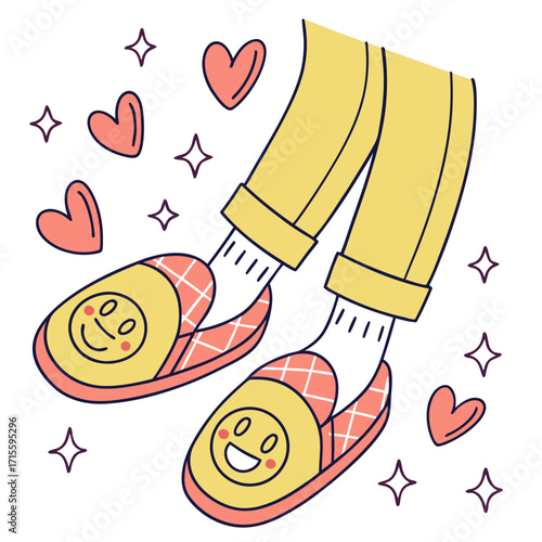 Vector art of whimsical cartoon illustration of legs wearing smiley face slippers, surrounded by hearts and stars, conveying happiness and comfort