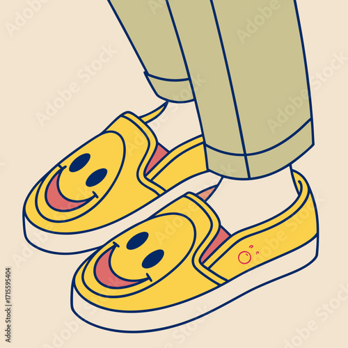 Vector art of a pair of yellow slipon shoes with smiley face designs, complemented by khaki pants, presenting a playful and fashionable style, ideal for expressing a cheerful and trendy vibe
