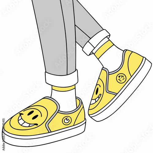 Vector art of a pair of yellow slipon shoes with smiley face designs, paired with gray pants and white socks, creating a cheerful and stylish look, perfect for casual wear and expressing positivity