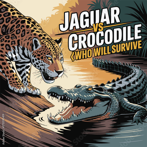 Jaguar vs Crocodile jungle battle illustration with dramatic text fight