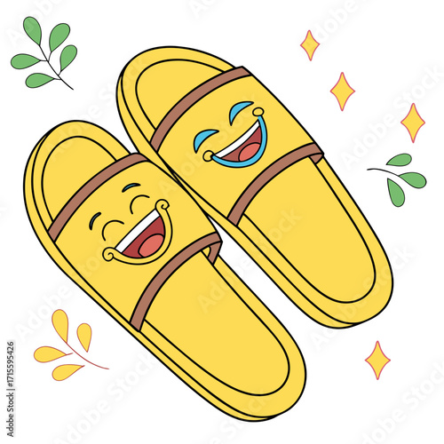 Vector art of cheerful yellow smiley slippers a playful cartoon illustration of comfortable footwear, perfect for adding a touch of joy and lightheartedness to your creative projects