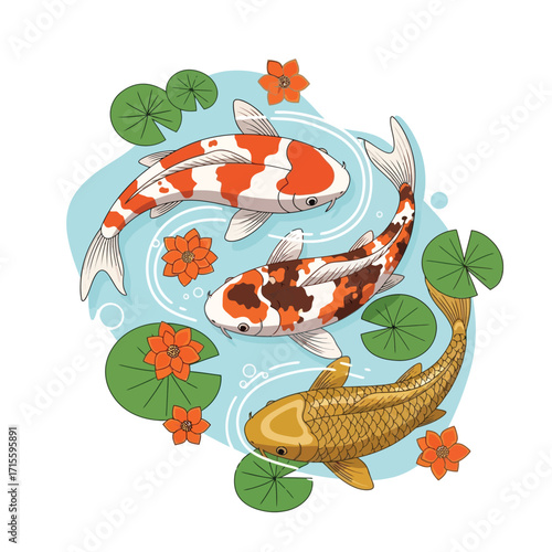 Koi Fish Pond Illustration Colorful Japanese Fish in a Serene Garden