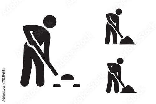 Simple black silhouettes depict people digging and working with tools