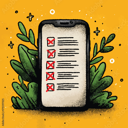 チェックリスト付きスマートフォン、ベクターイラスト、フラットデザイン