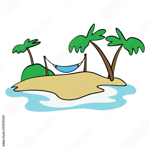 A simple cartoon illustration depicts a tranquil island with a hammock