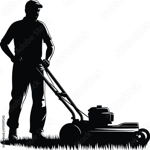 A silhouette of a man mowing the lawn with a push mower