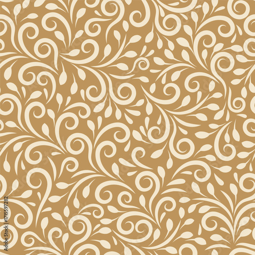 Seamless Stylish Leaves And Swirls On Gold Background