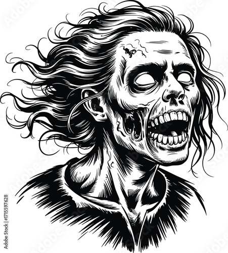 Black and white zombie, decaying skin, exposed teeth, glowing eyes, horror character, screaming face, gothic art, creepy monster, undead illustration