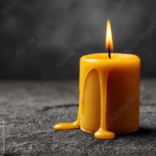 A single, slightly melted yellow candle sits on a textured gray surface, its flame burning brightly against a dark, out-of-focus background, creating warmth.