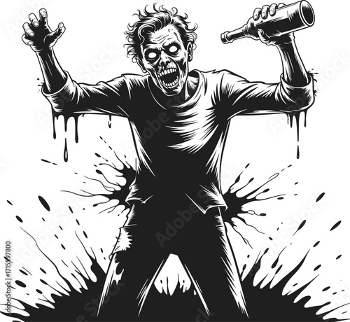 Black and white zombie, skeletal face, dripping liquid, claw hand, horror character, screaming expression, creepy monster, undead art, dramatic illustration