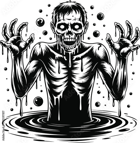 Black and white zombie, skeletal figure, dripping water, horror character, claw hands, exposed ribs, creepy monster, undead art, dramatic illustration