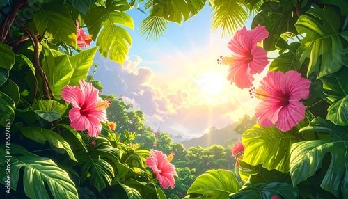 Vibrant hibiscus blossoms and lush tropical foliage frame a picturesque sunrise vista.