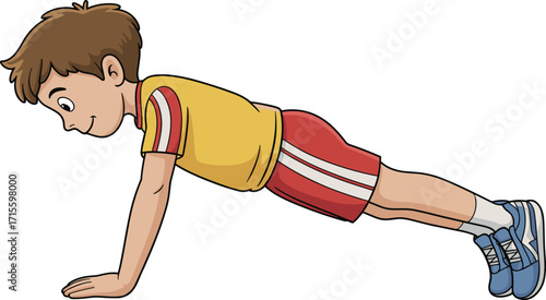 Cartoon character doing plank exercise, core workout, fitness training, body strength, healthy lifestyle, gym pose, athletic form, exercise illustration