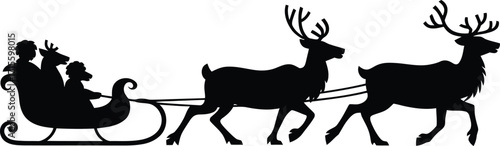 Flying reindeer silhouette, black vector.