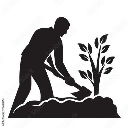 A silhouetted gardener tending to a young tree with a shovel
