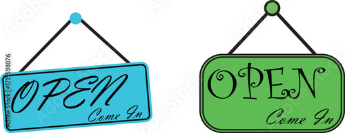 Open Sign Hanging icon set. vector door welcome sign for store cafes label outline symbol illustration. open sign icon welcome shop hanging on door symbol vector illustration.