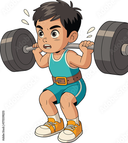 Cartoon child lifting barbell, squat exercise pose, teal outfit, weight training, strength illustration, yellow sneakers, gym workout, white background
