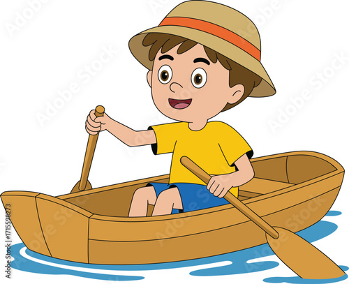 Cartoon child rowing boat, outdoor activity, water adventure, summer fun, leisure time, nature scene, travel illustration, happy moment,