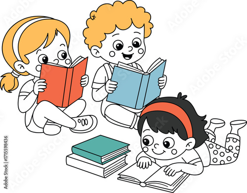 Cartoon children reading books, educational activity, literacy development, school learning, colorful illustration, study time, kids with books, happy readers,