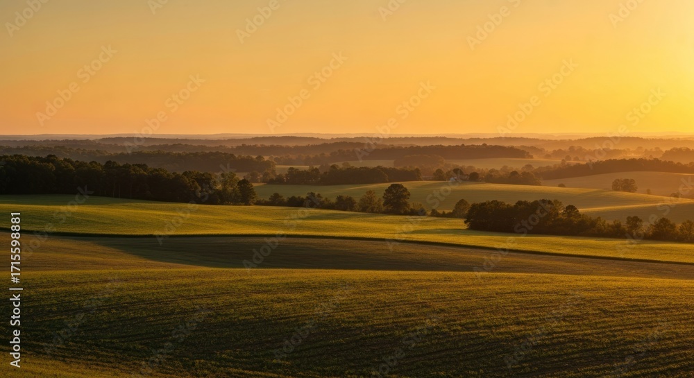 Fototapeta premium Golden hour vista over rolling farmlands. Sunrise paints the fields and forests with warm hues. Gentle hills fade into hazy distance