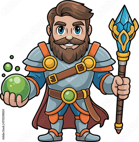 Cartoon wizard character, magical staff, glowing orb, fantasy armor, bearded mage, spell casting, blue eyes, heroic pose, enchanted illustration