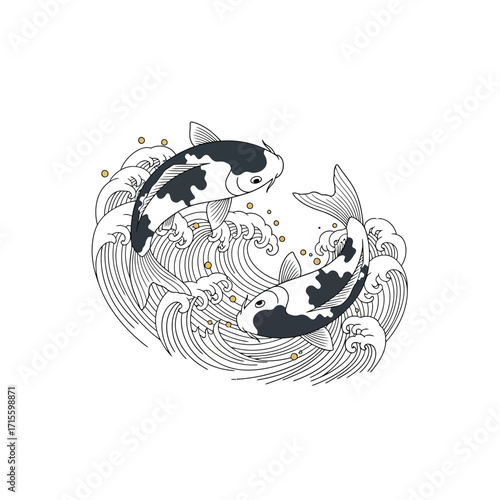 Elegant Koi Fish in Circular Waves Black and White Japanese Art