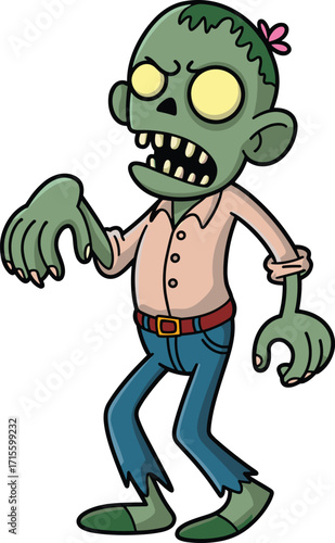 Cartoon zombie character, green skin, yellow eyes, pink bow, sharp teeth, tattered clothes, creepy pose, Halloween monster, playful horror illustration