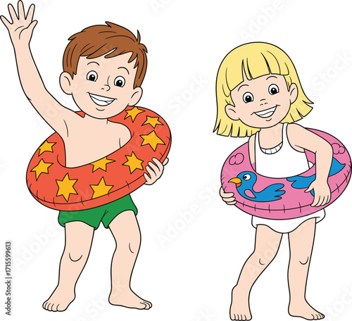 Happy kids at beach with swim rings, cartoon boy and girl in swimwear, summer fun, vacation concept, vector illustration.