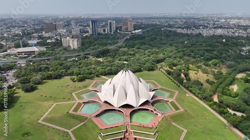 Aerial shot of Lotus Temple Baháʼí House of Worship in New Delhi, India