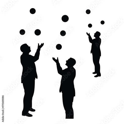 Silhouette image of three people juggling multiple black objects in air
