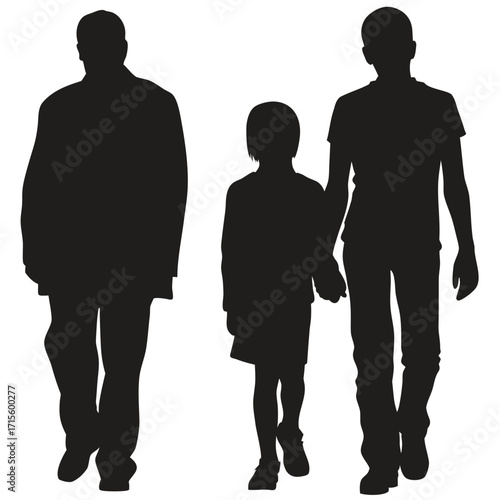 Silhouettes of a family walking together a father mother and child