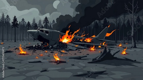 Burning airplane wreckage with fire and smoke in dark forest after crash