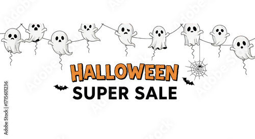 Halloween super sale banner with cute ghost and spider web isolated on transparent background for promotion