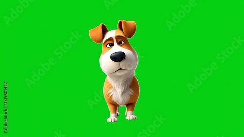 A cartoon dog with brown and white fur stands on a green background