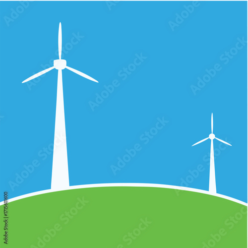 Simple illustration depicting two white wind turbines against a blue sky