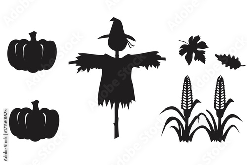 Halloween silhouettes featuring pumpkins a scarecrow corn and autumn leaves