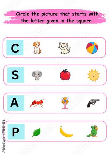 english worksheet for 6 + years kids knowledge improving english learning practicecircle the picture that starts with the letter exercise for kids.eps