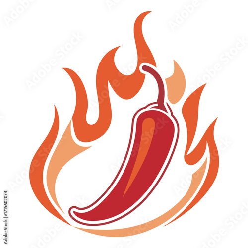 A vibrant red chili pepper engulfed in stylized orange flames design