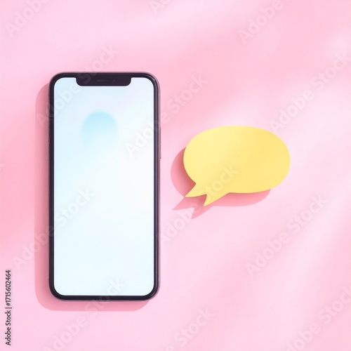 Modern smartphone displaying colorful messaging app icon on a vibrant pink background during a creative digital setup