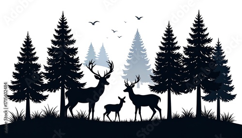 Silhouettes of deer and pine trees in a tranquil forest scene.