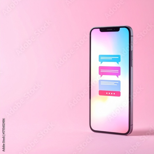 Modern smartphone displaying colorful messaging app icon on a vibrant pink background during a creative digital setup
