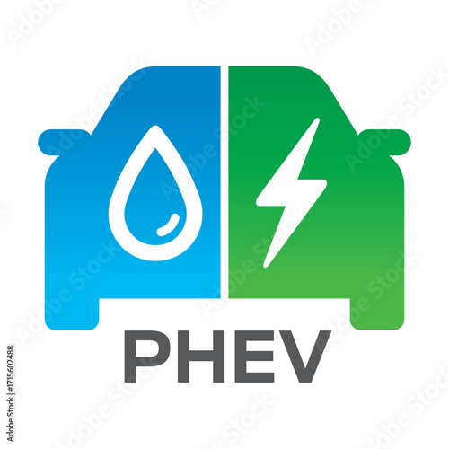 Plug-in hybrid electric vehicle sign (PHEV car), Half section part of Electric energy and fuel engine, Vector illustration