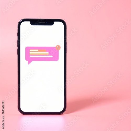 Modern smartphone displaying colorful messaging app icon on a vibrant pink background during a creative digital setup