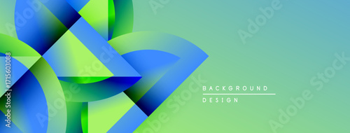 Abstract design features vibrant blue, green gradients. Modern composition creates dynamic visual impact. Background suggests innovation, energy.