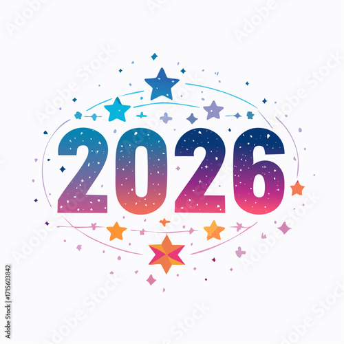 Vibrant 2026 numerical design, surrounded by sparkling stars and gradient colors, symbolizing a festive new year and future aspirations