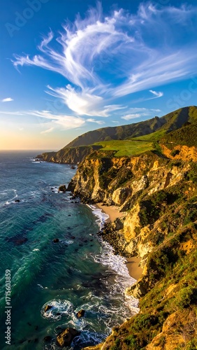 Dramatic coastal scenery with dramatic clouds above a rugged coastline.